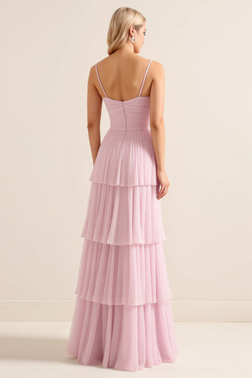 Candy Pink Tulle Spaghetti Straps A Line Ruffled Tiered Long Bridesmaid Dress